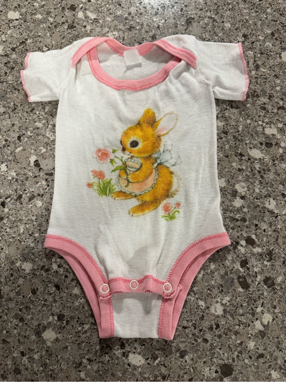 Vintage 80s Curity Baby Knits Bunny Rabbit Bodysuit Pink USA Small